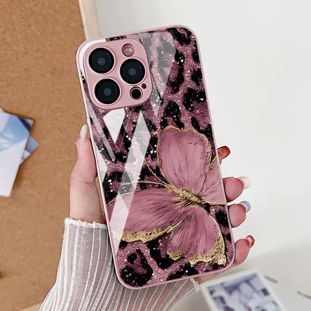 Pc Case Tempered Glass - Kelebek Leopar Desenli Telefon Kılıfı iPhone